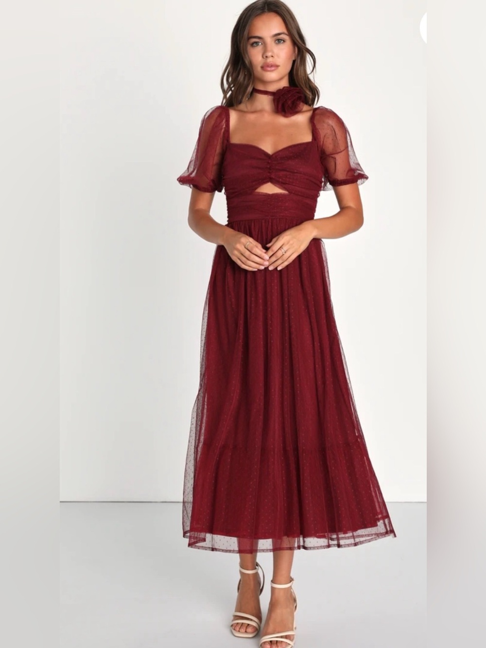 Lulu's Wine Red Tulle Maxi Dress with Puff Sleeves size Medium